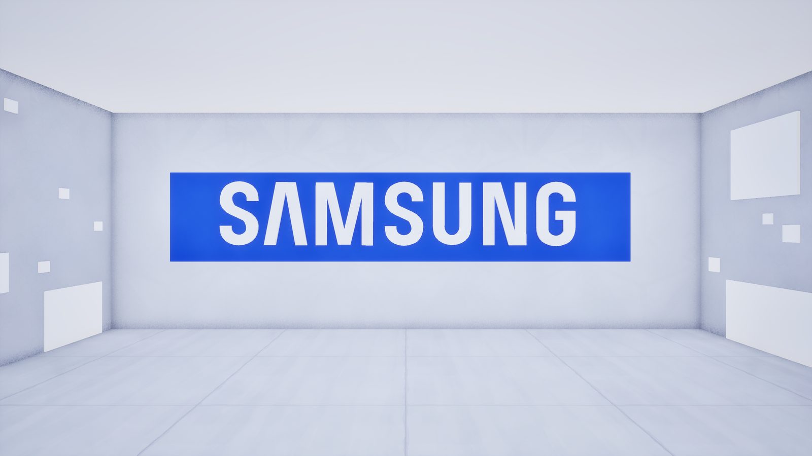 A white room with a Samsung logo on the far wall