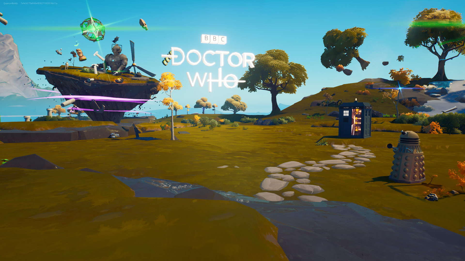 The hub island: the BBC Doctor Who logo in the sky, the TARDIS on the grass, a Dalek and a Cyberman nearby