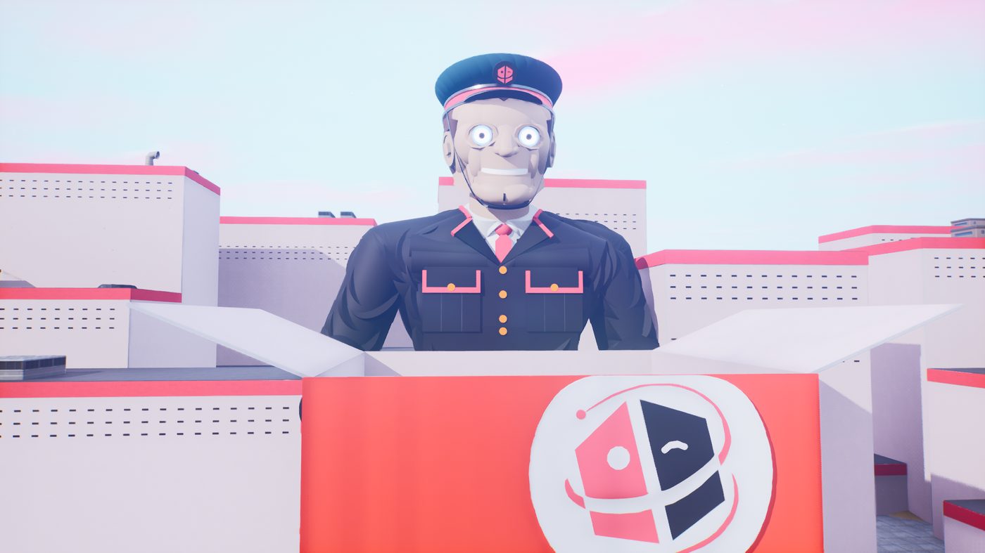 A giant Kerblam Man over the warehouse wall