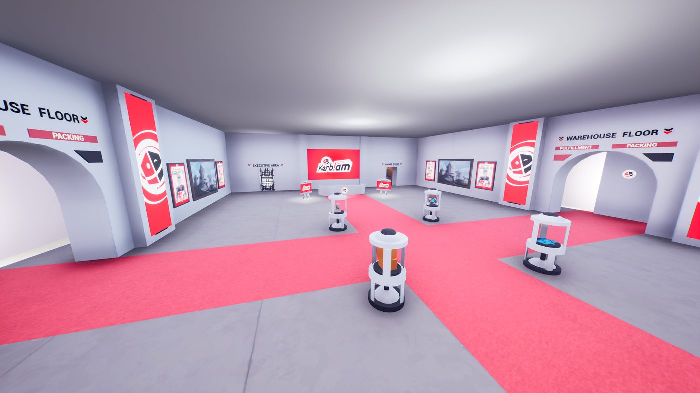 The Kerblam lobby: red carpet across a grey floor, signs to the warehouse floor and the executive area, and a lit Kerblam logo on the far wall