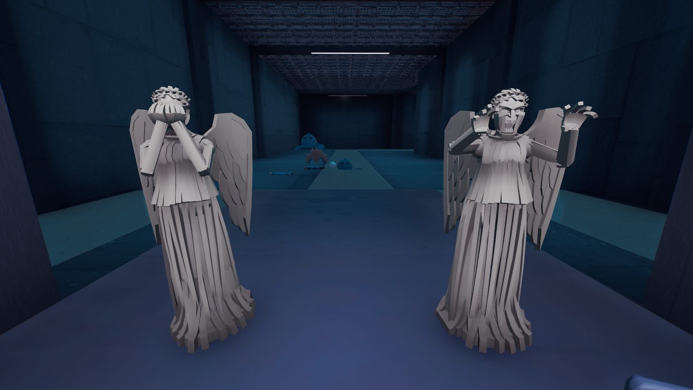 Two Weeping Angels in a dim corridor, one covering its face and one reaching out