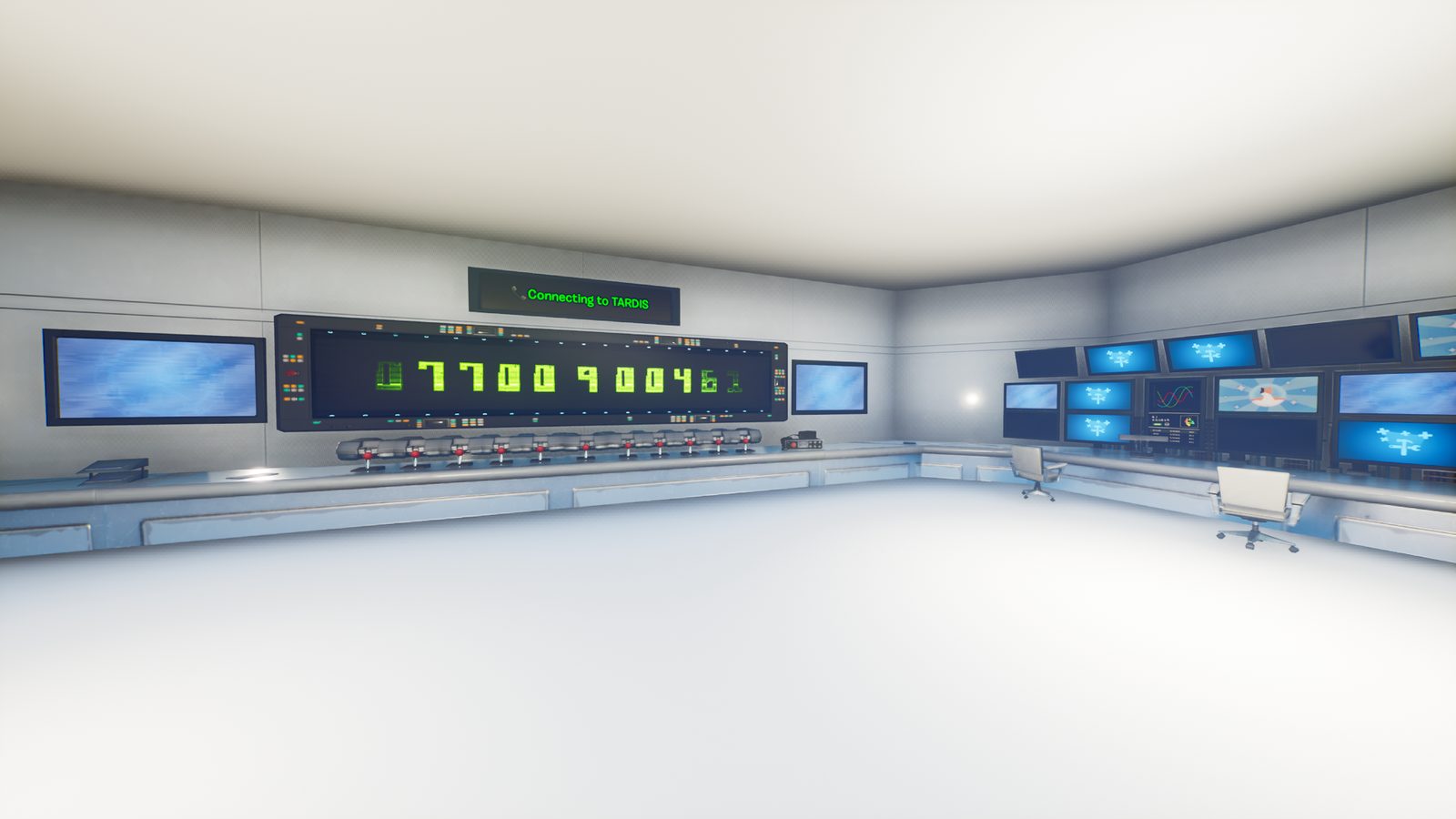 The communications room: a long green readout above a bank of consoles, with a screen overhead reading Connecting to TARDIS
