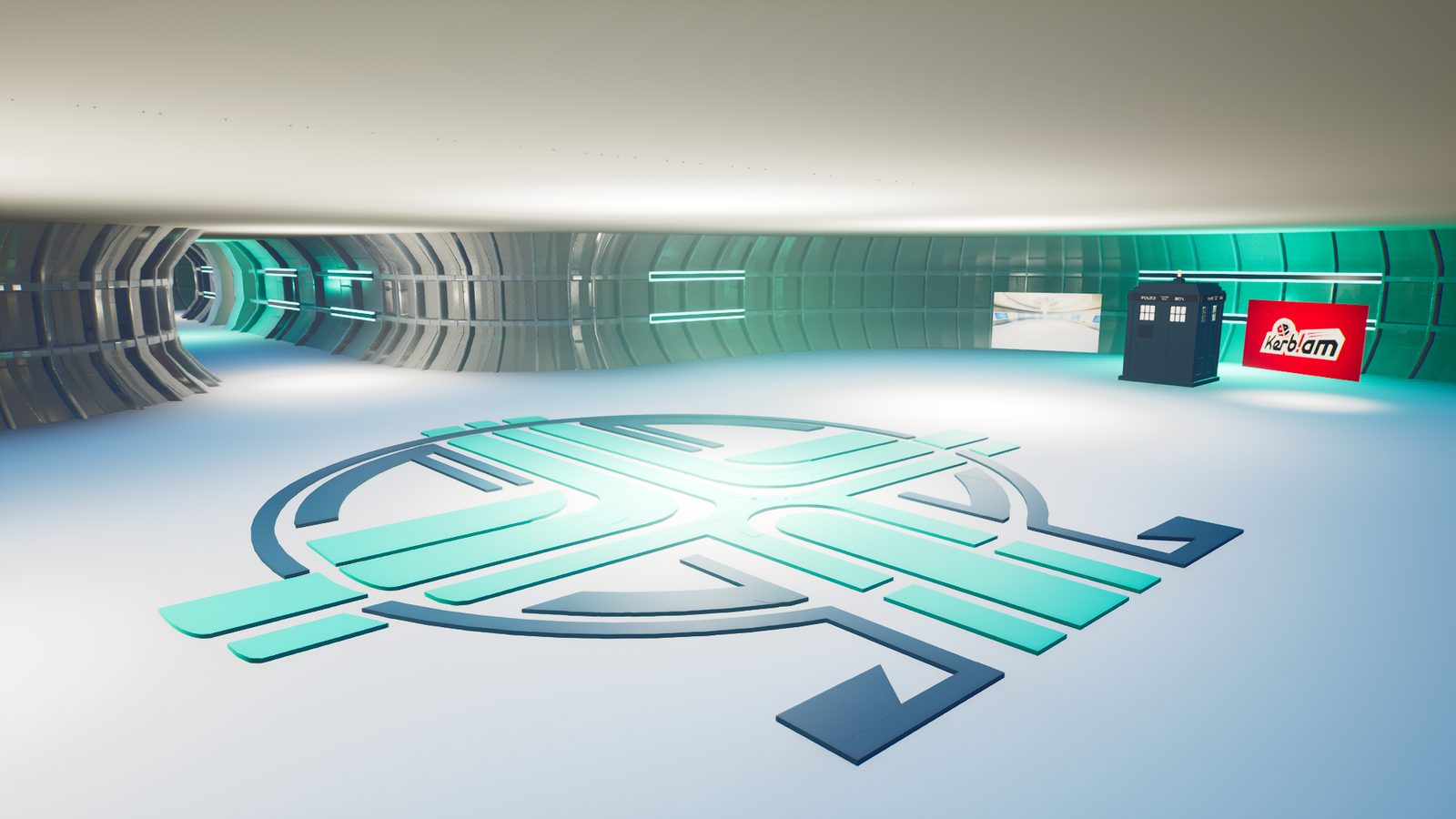 A curved white corridor with the ship insignia inlaid in the floor, a TARDIS and a Kerblam sign at the far end