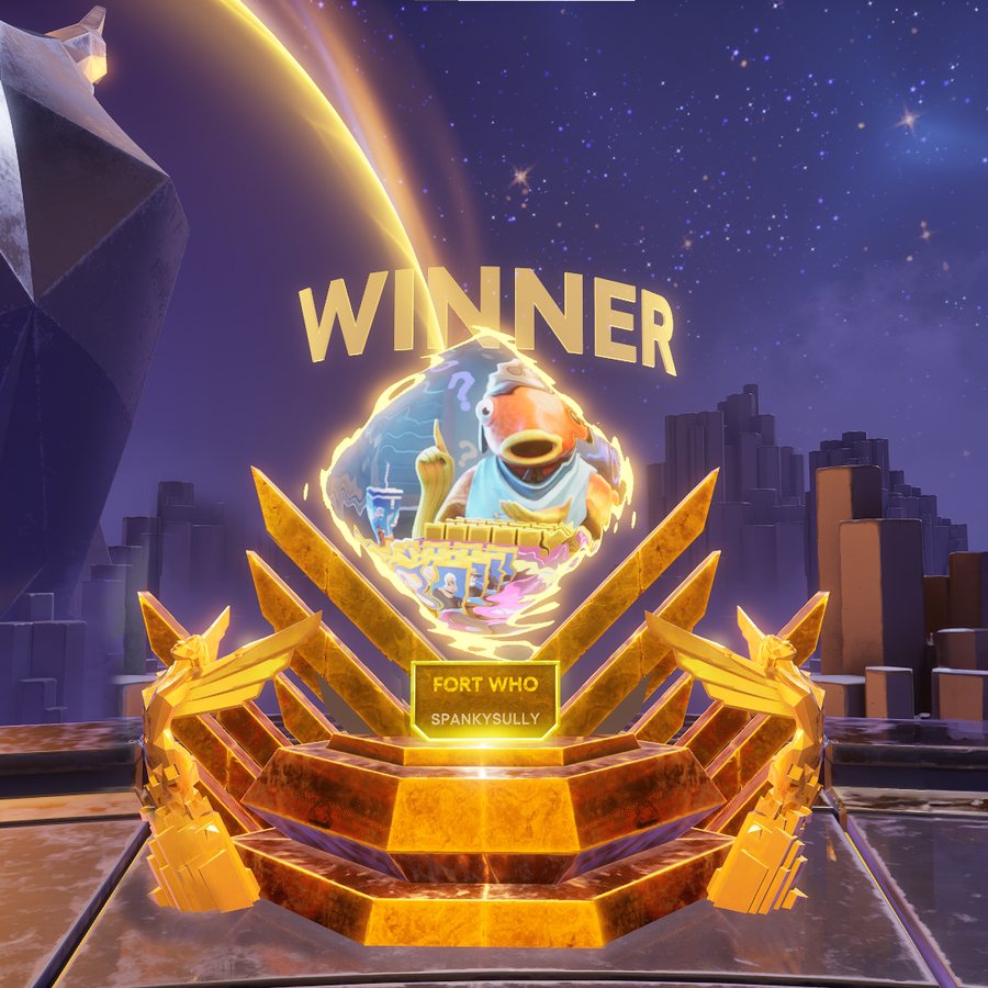 The winner monument on The Game Awards island: a gold plinth reading FORT WHO, SPANKYSULLY, under the word WINNER